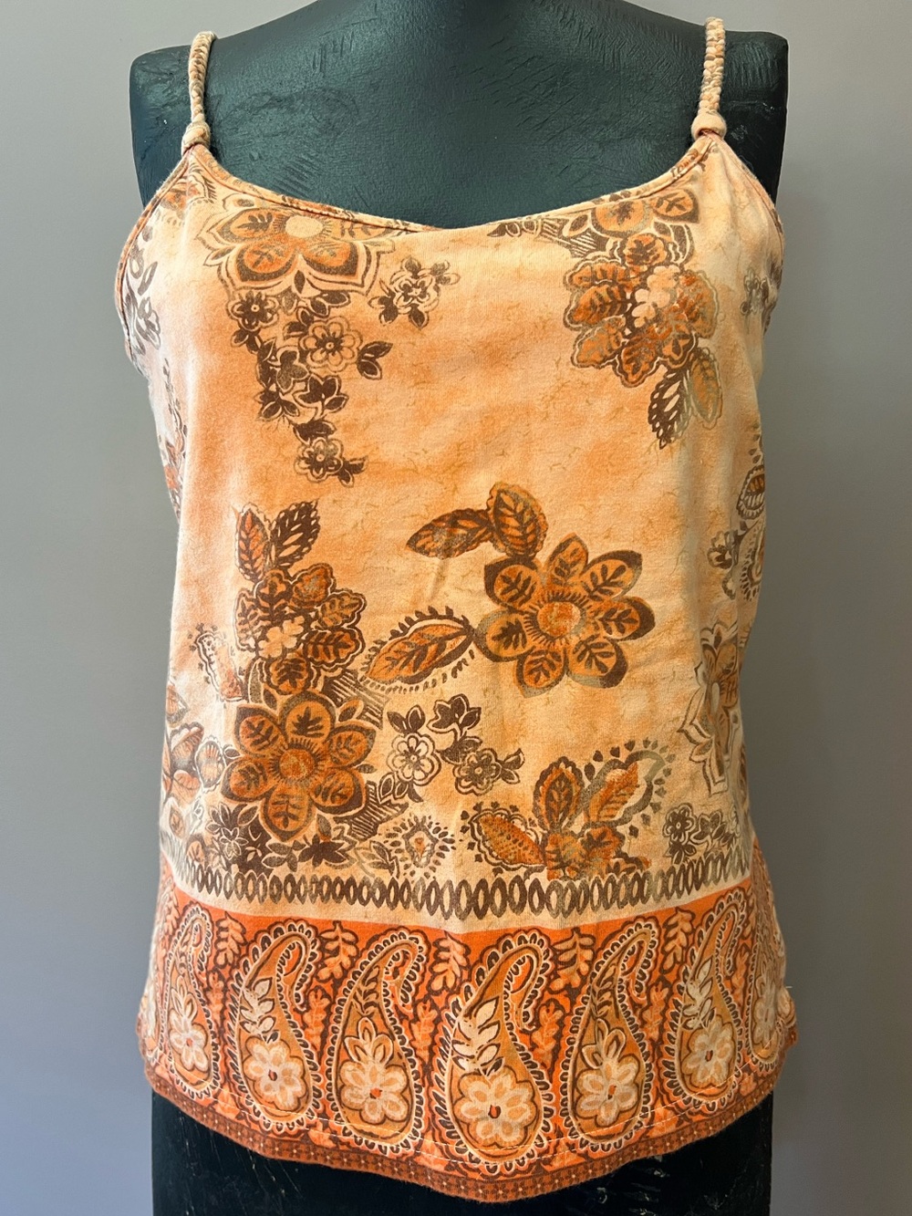 Y2K Faded Glory Orange Paisley Tropical Floral Braided Straps Tank Top Size L - Picture 2 of 10